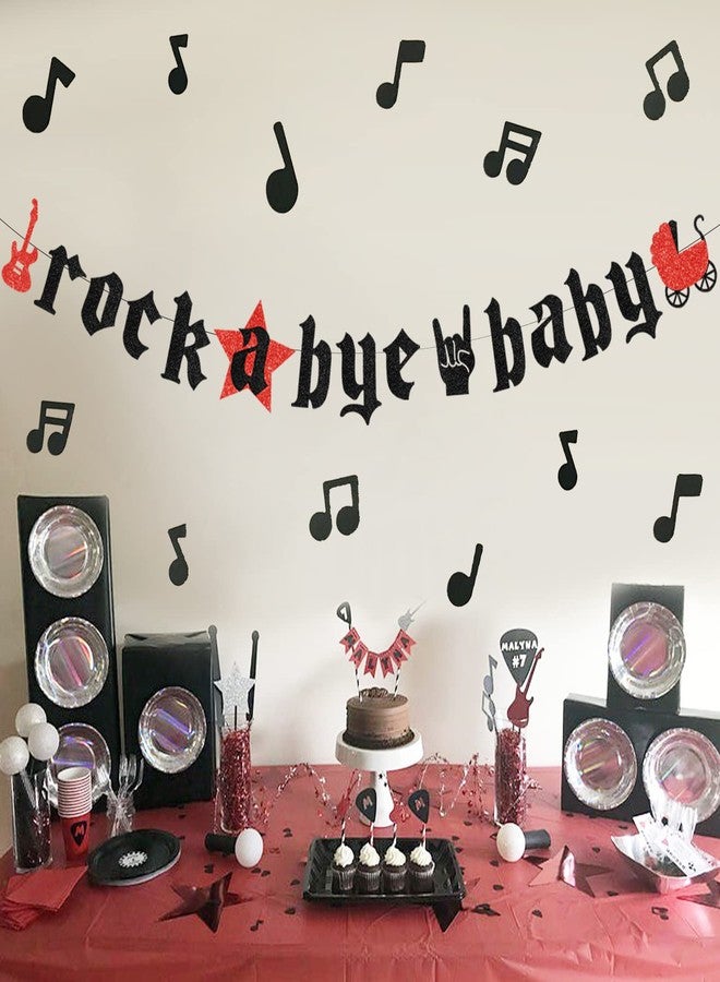 Cheereveal زينة لحفل استقبال مولود جديد بطابع موسيقى الروك، لافتة "Rock A Bye Baby" مزينة ببريق أحمر وأسود، لافتة "Born to Rock" بنوتة موسيقية لحفل استقبال مولود جديد بطابع موسيقى الروك - Image 5